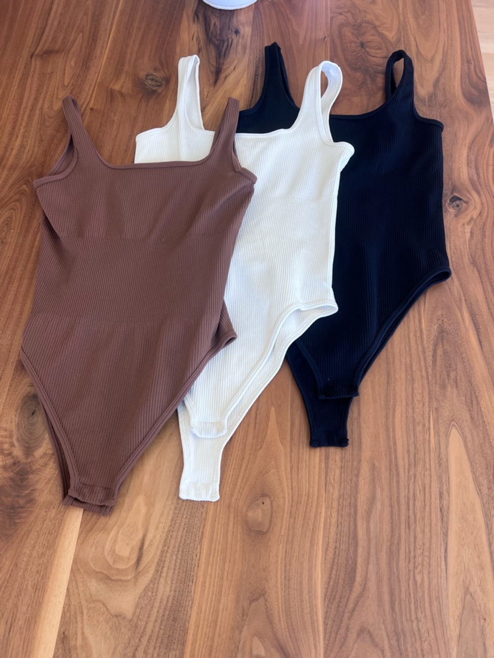 Set of 3 Ribbed Tank Bodysuits - Brown, Cream & Black
